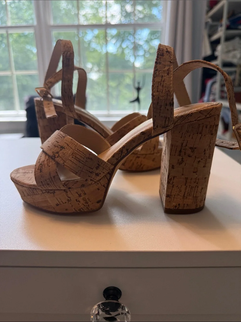 Lulu's Cork-Textured Block Heel Sandals in Tan